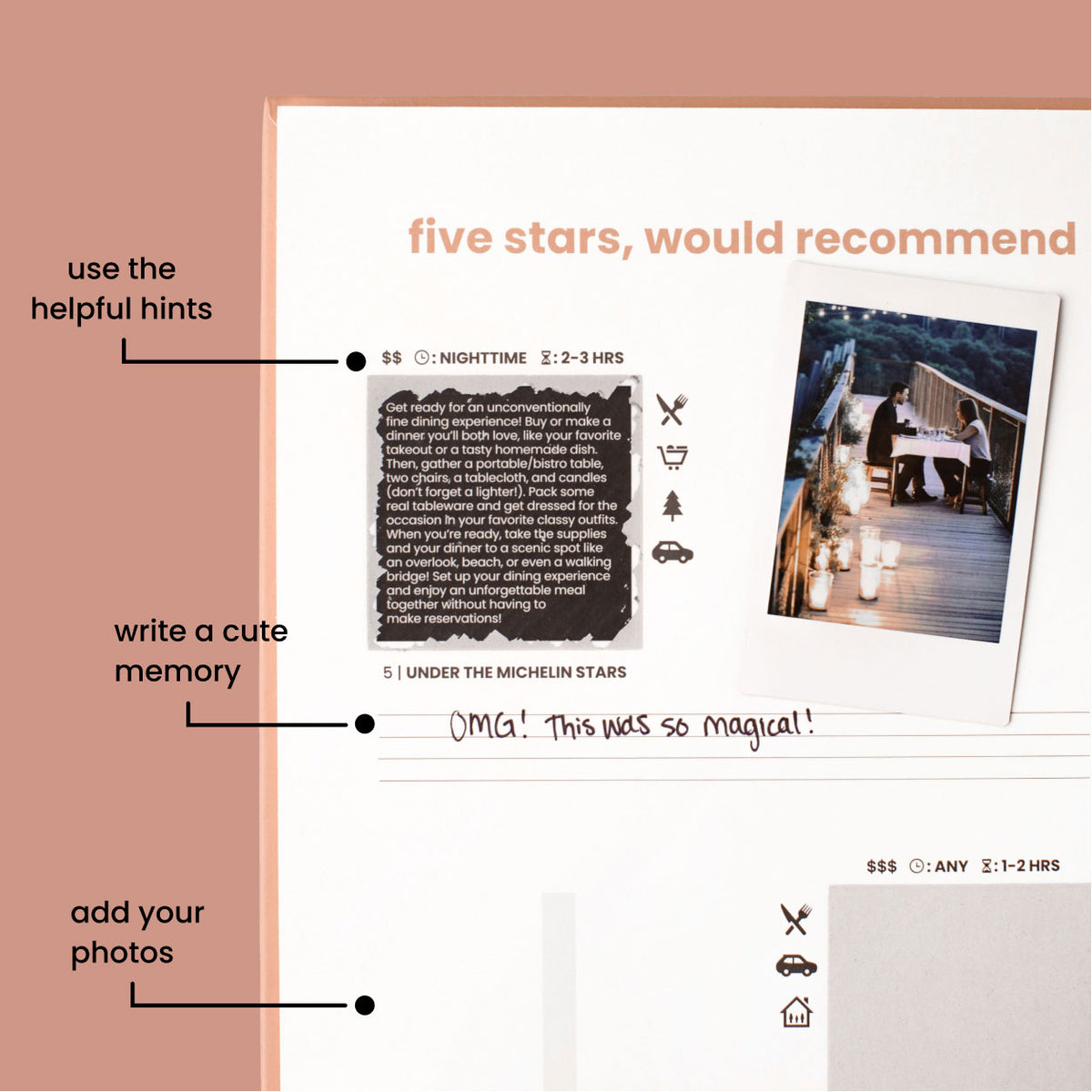 Scratch-off adventure page with hints and space for memories