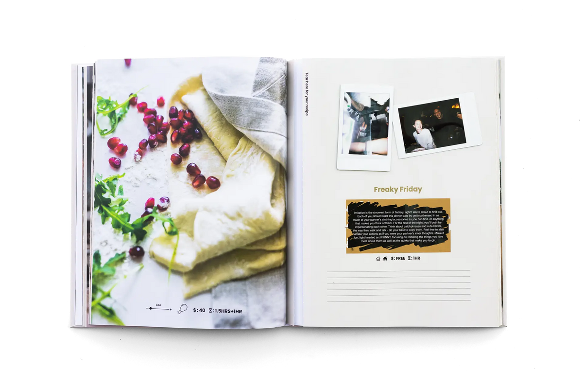 Open Dinner Dates journal spread with a recipe photo, instant photos and a scratch-off challenge