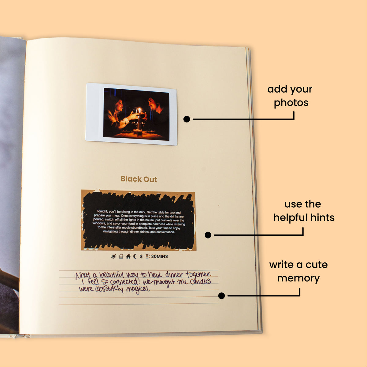 Open journal page with an instant photo, scratch-off hints and handwritten memory