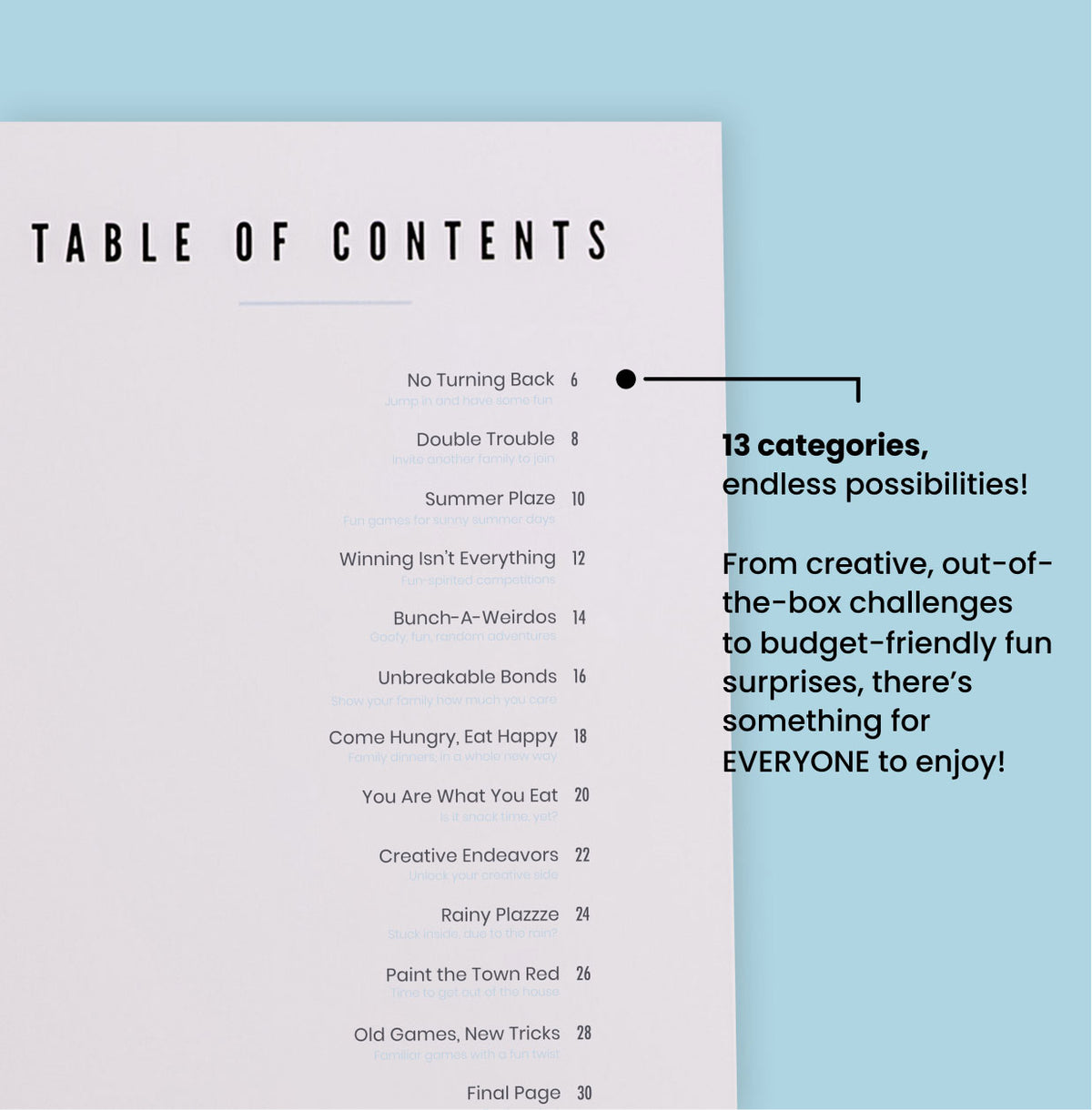 Family Edition table of contents showing 13 adventure categories