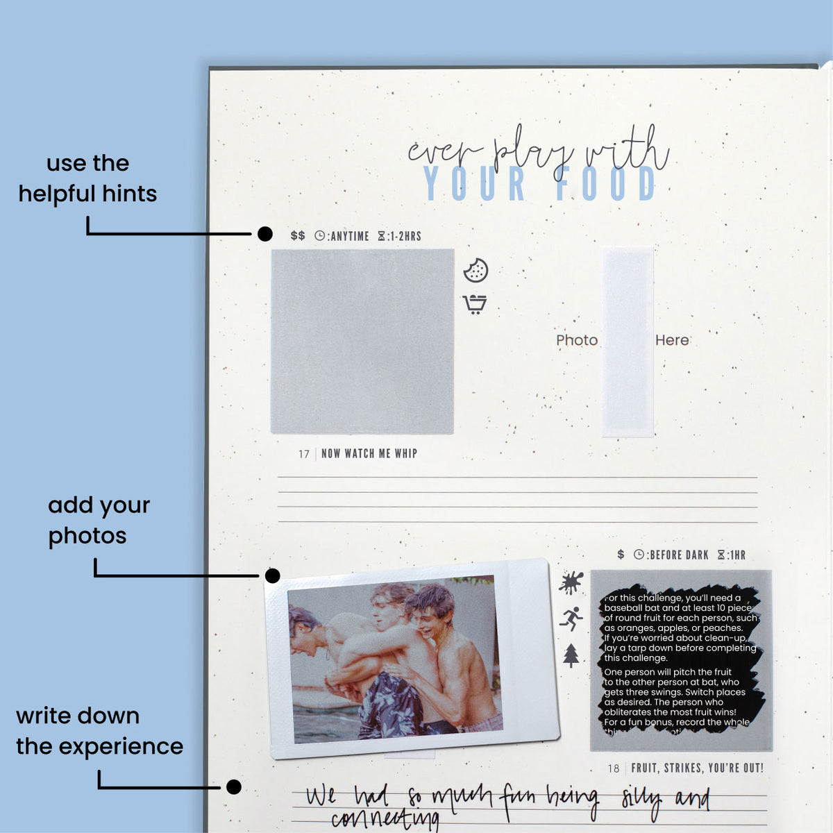 Friends Edition journal page with helpful hints, photo space and room to write the experience