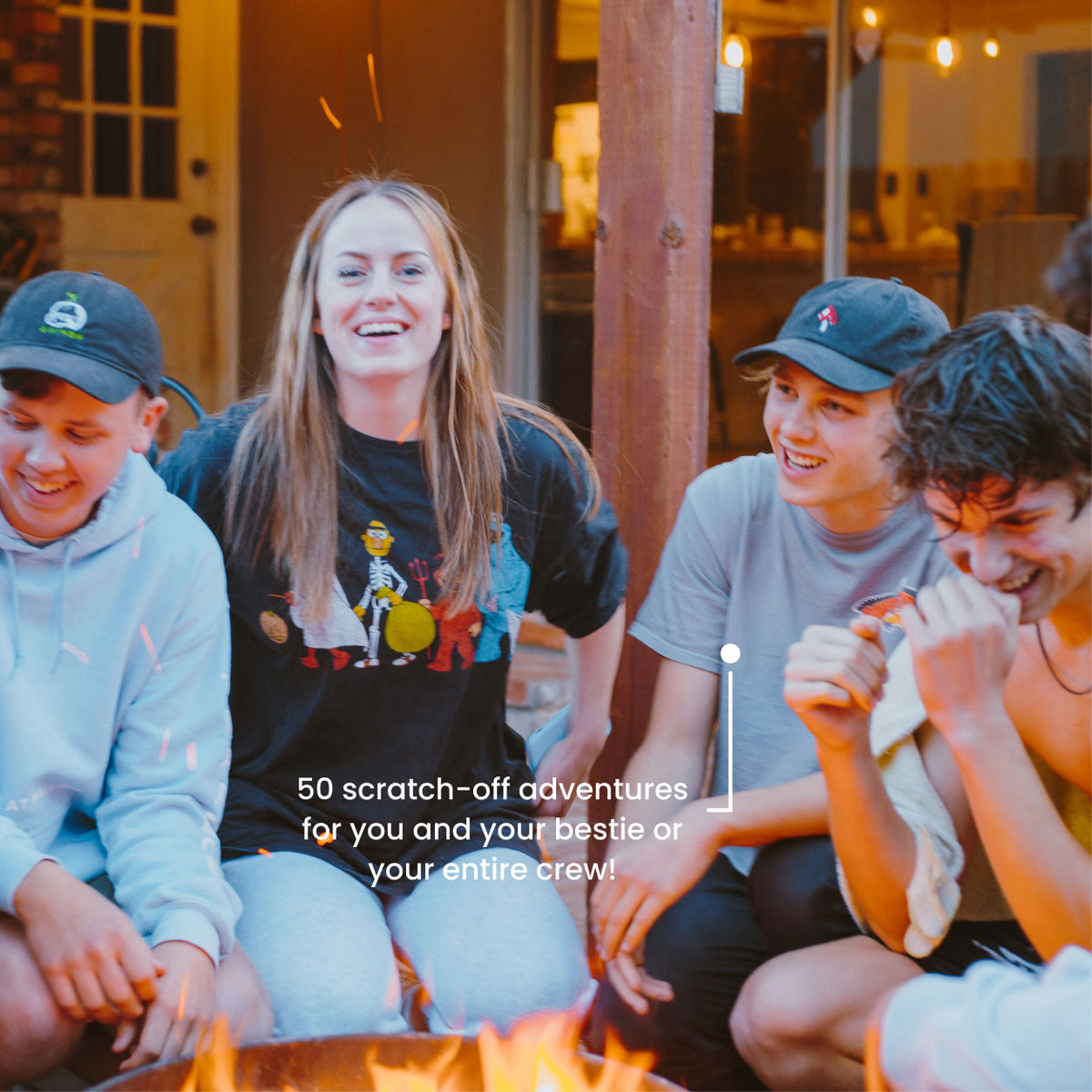 Friends laughing around a fire pit with 50 scratch-off adventures callout