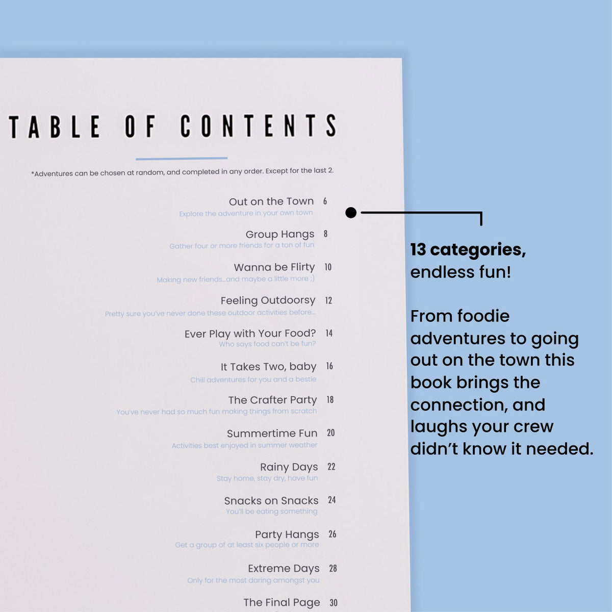 Friends Edition table of contents showing 13 adventure categories