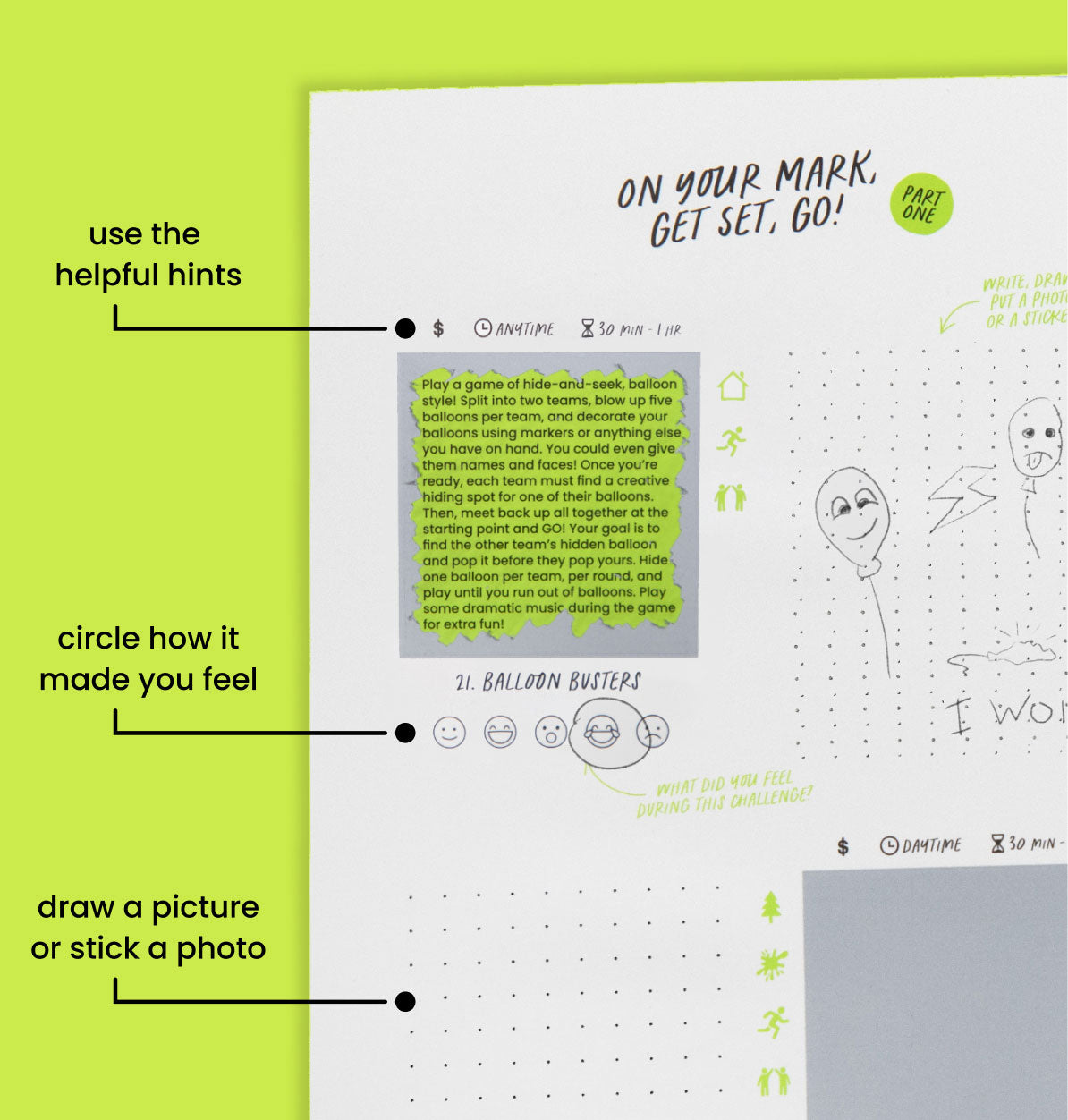 Scratch-off adventure page with hints and space for memories