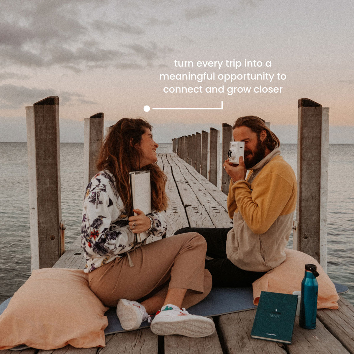 Journal page with connection questions, instant photos and a camera