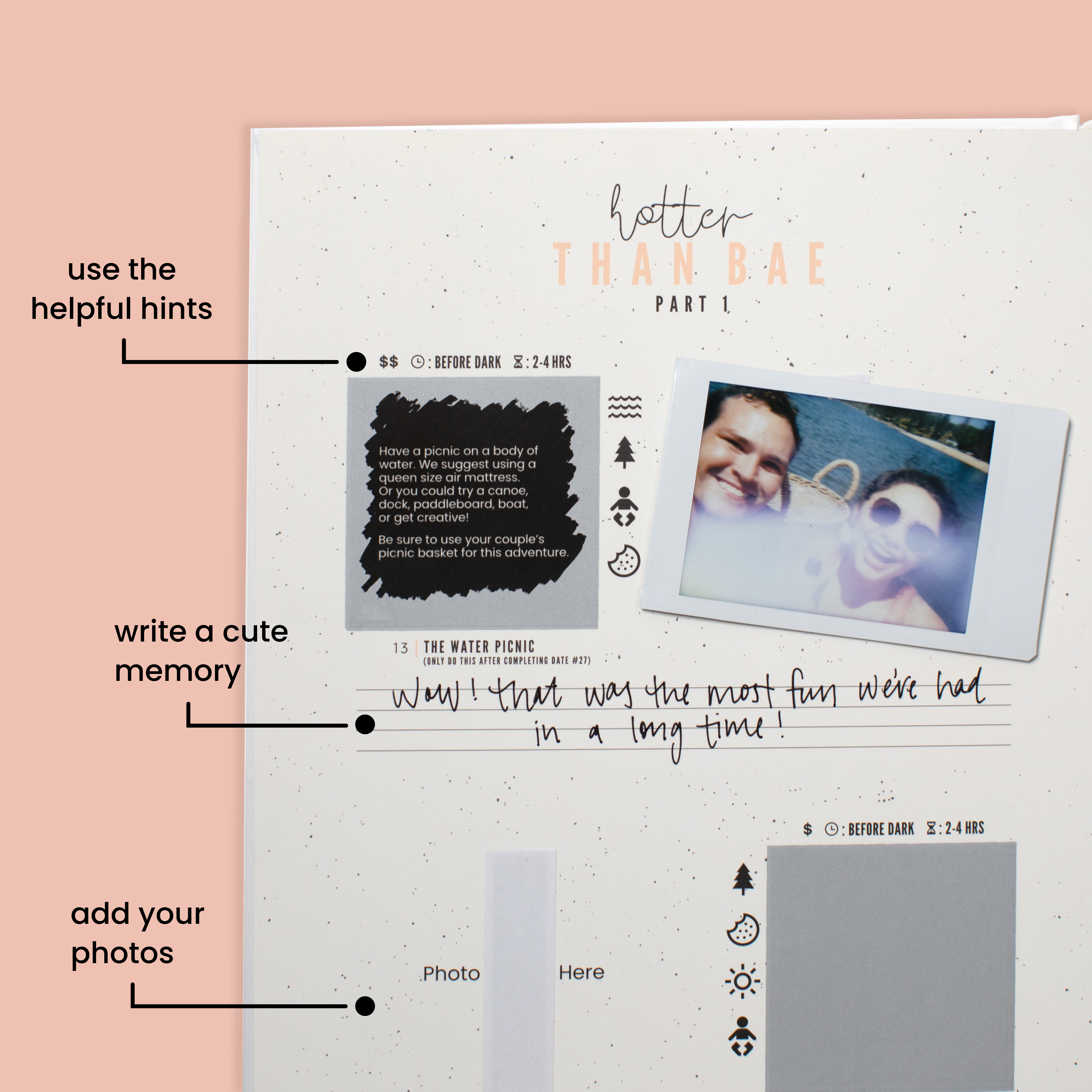 Close-up view of the Couples Edition adventure book pages, showing written prompts and space for notes and photos.