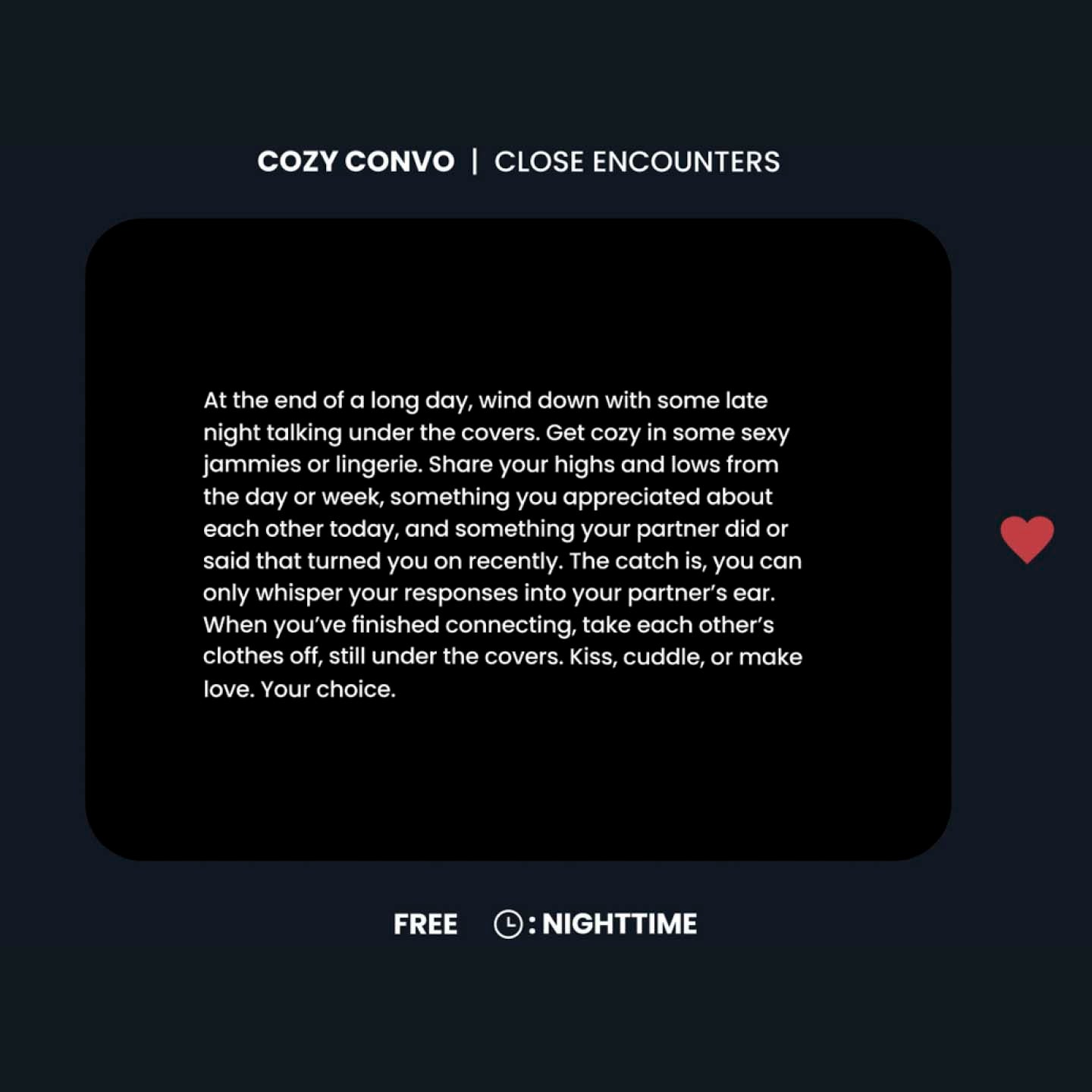 This is how to have better sex: a free intimate idea from The Adventure Challenge: Quickies!