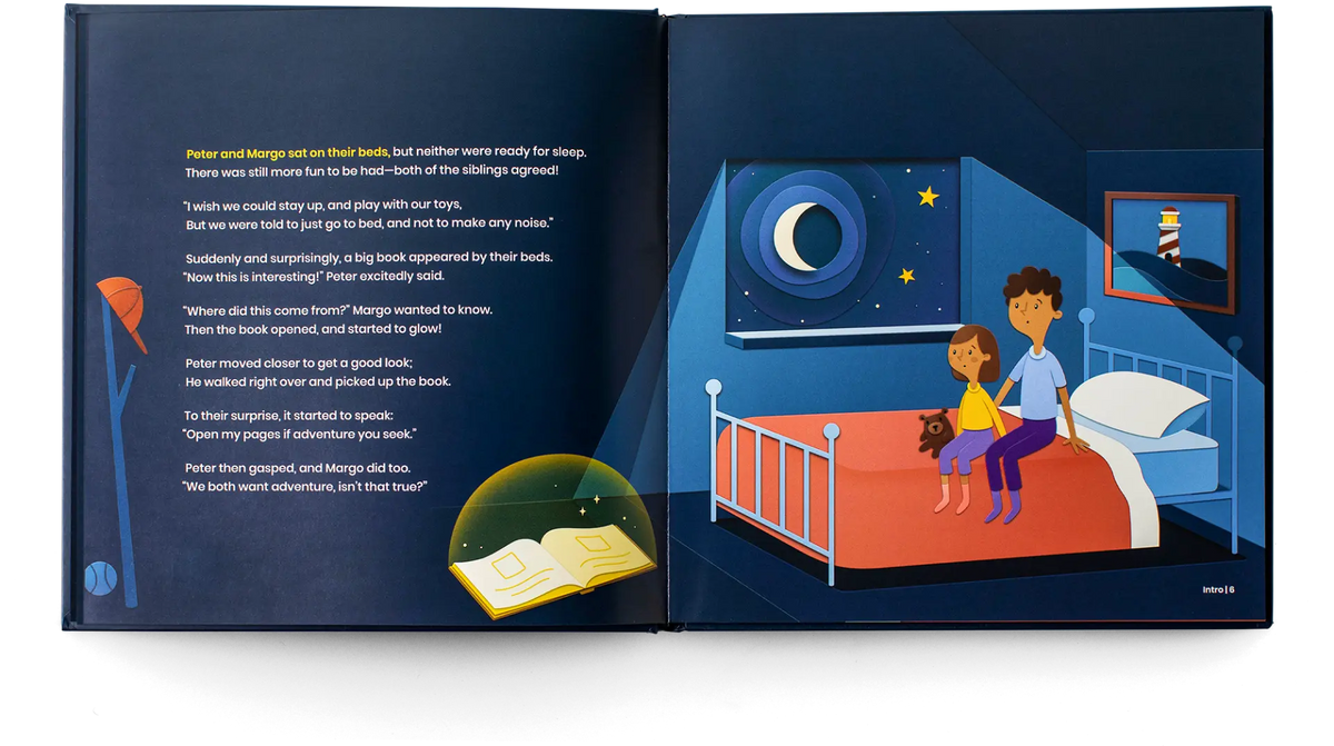 Open Bedtime Adventures book showing the beginning of the story