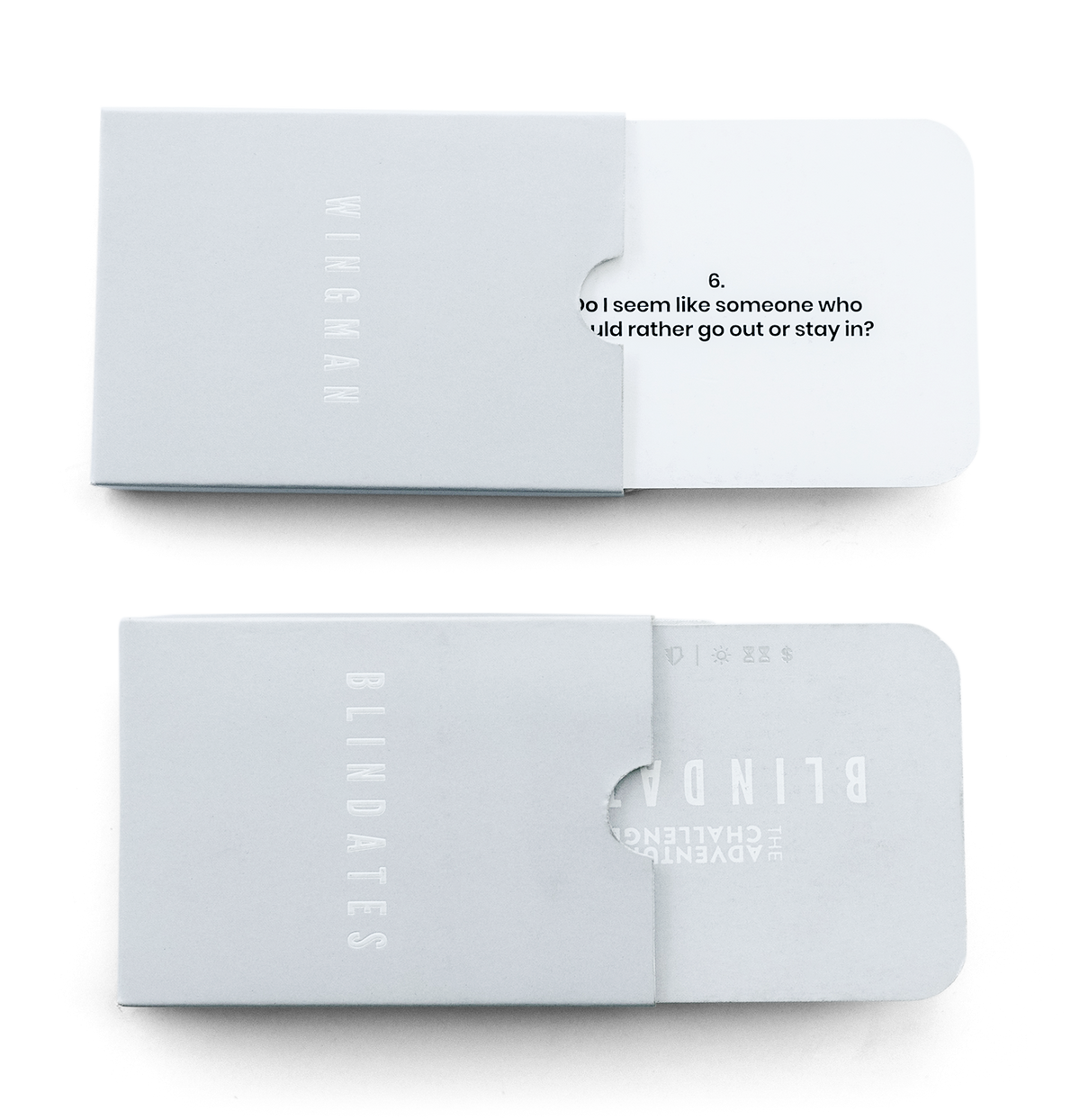 Blind Dates Wingman and Blindates card sleeves with a question card