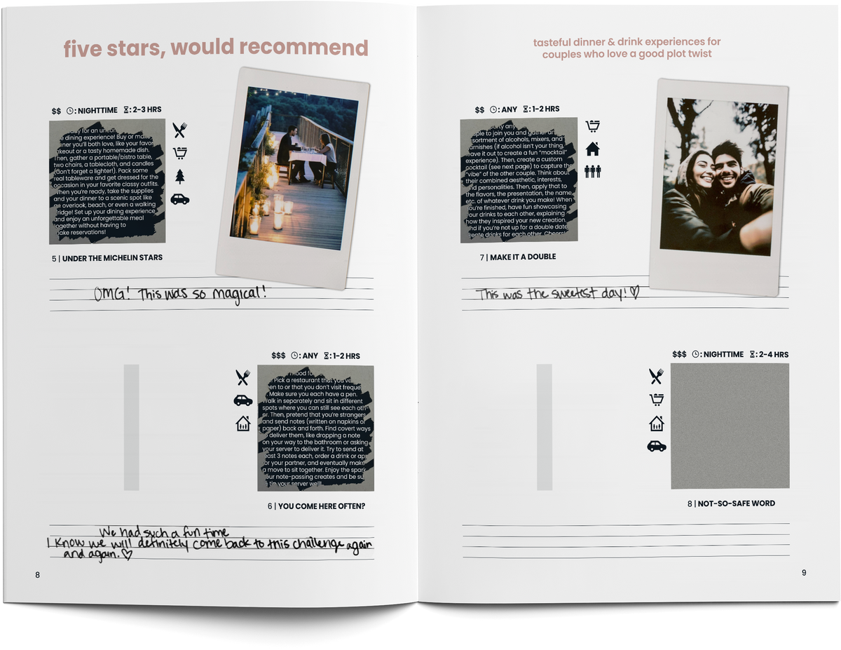 Open Couples Edition Volume 2 journal spread with instant photos and handwritten memories