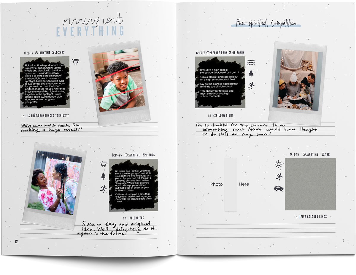 Open Family Edition journal spread with scratch-off challenges, instant photos and handwritten memories