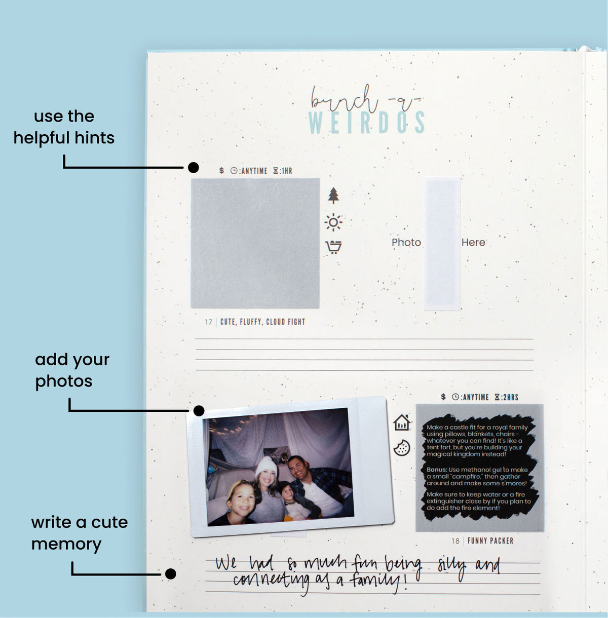 Family Edition journal page with helpful hints, photo space and room to write the experience