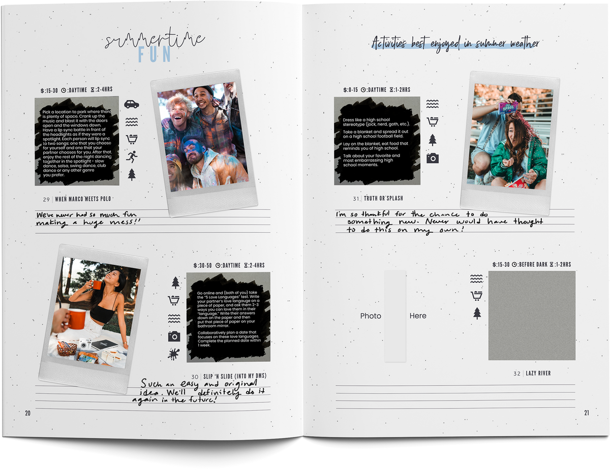 Open Friends Edition journal spread with scratch-off challenges, instant photos and handwritten memories