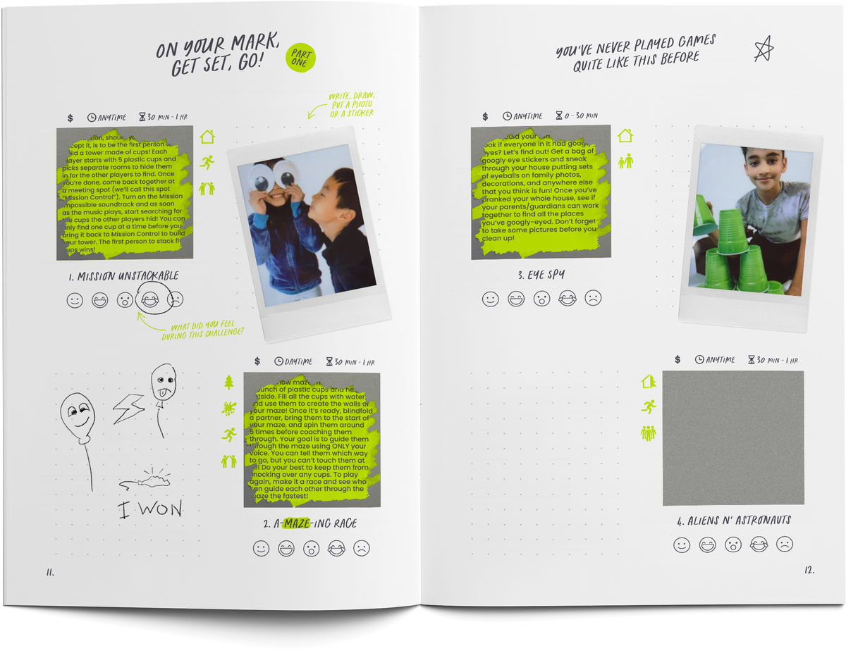 Open Kids Edition journal spread with instant photos and handwritten memories