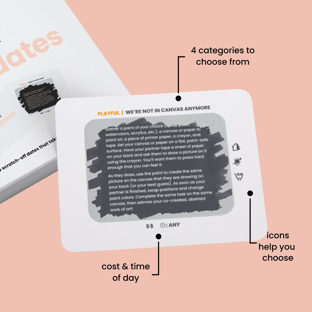 Mini Dates card showing category, cost and time-of-day icons