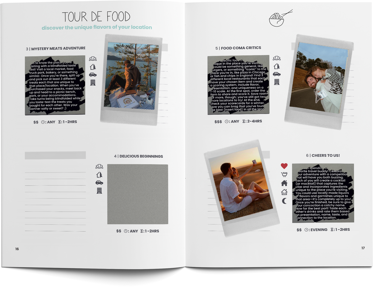Left page of the open Travel Edition journal spread with instant photos