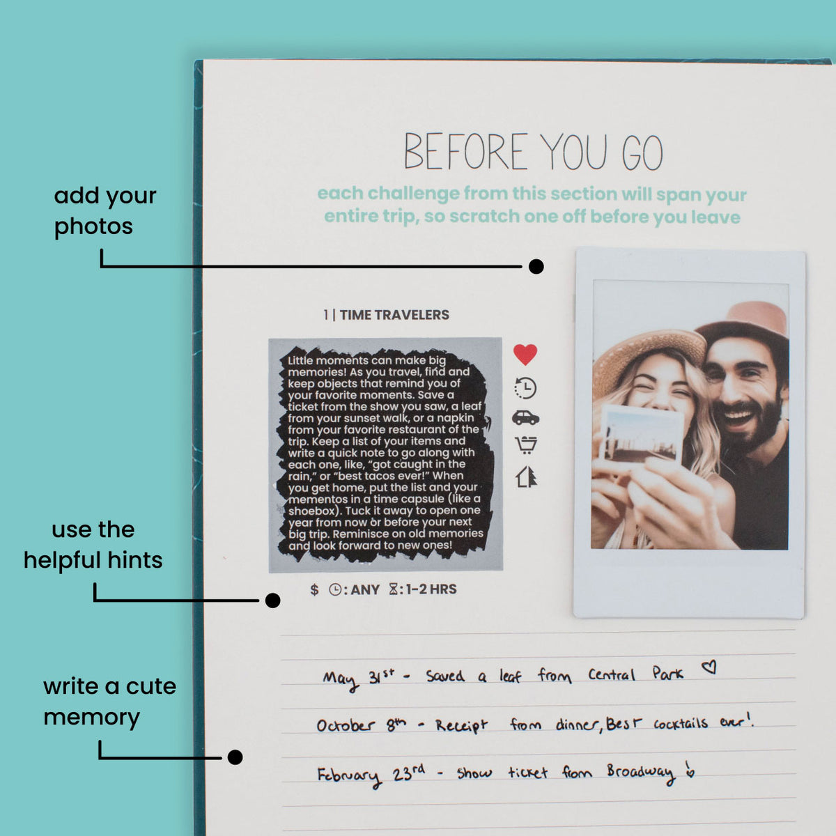 Scratch-off adventure page with hints and space for memories